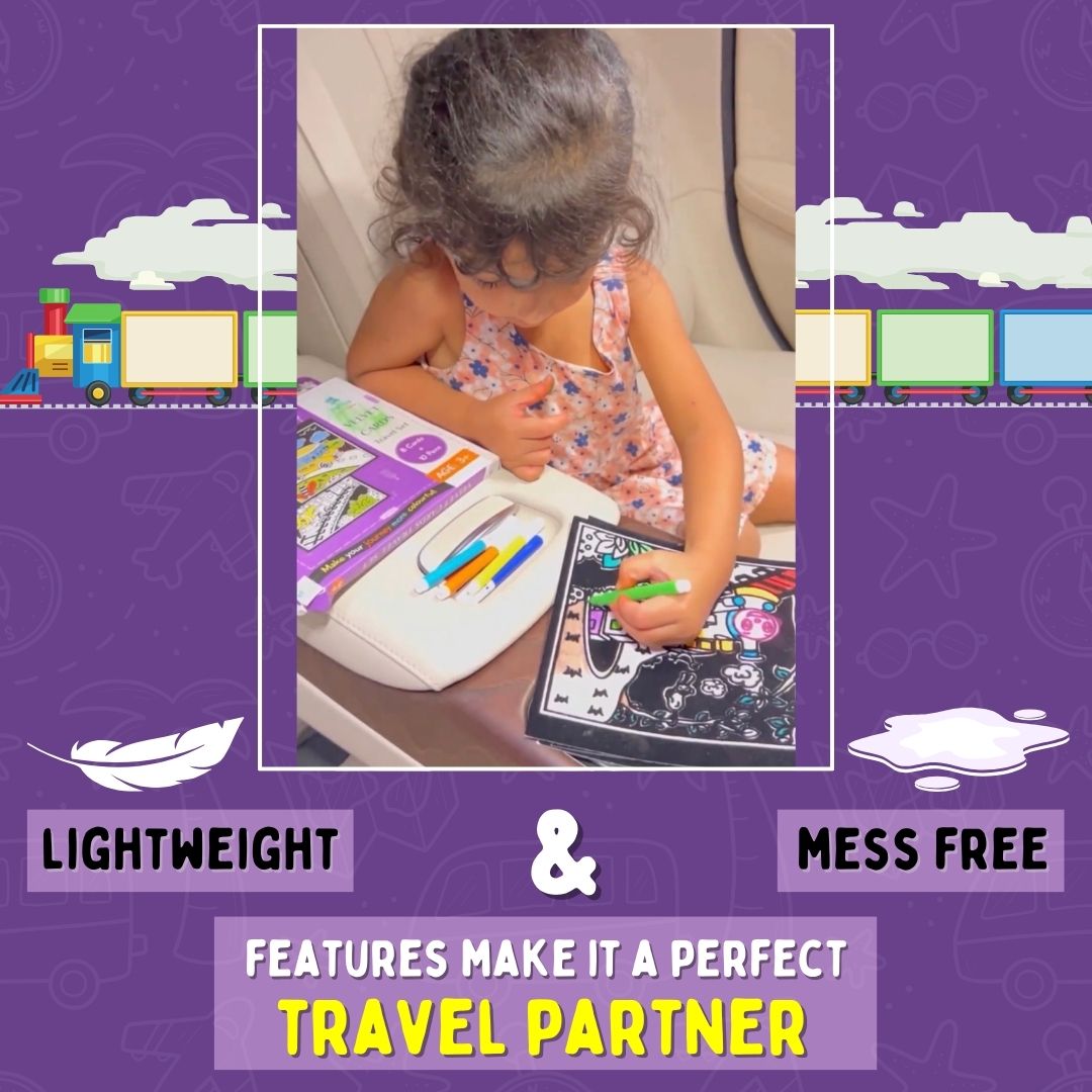 Child using velvet cards while travelling – lightweight and mess-free creative travel activity – PepPlay India