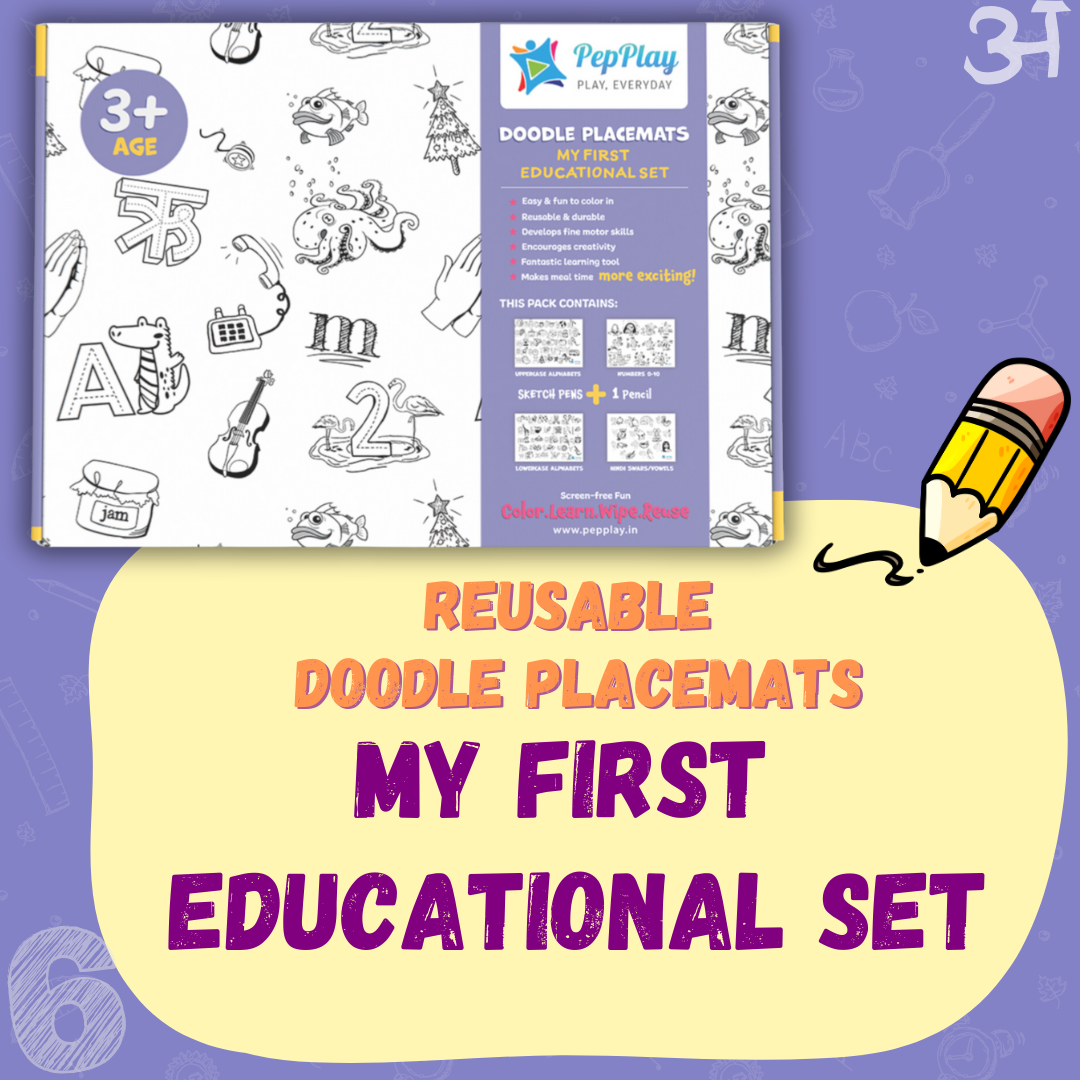 Reusable Doodle Placemats My First Educational Set overview – colour, learn, wipe and reuse preschool activity mats – PepPlay India