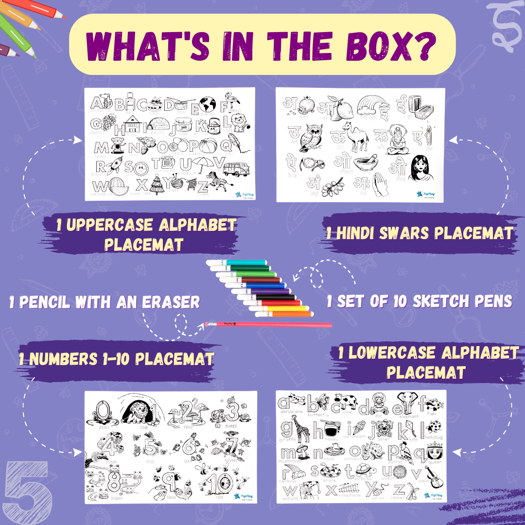 What’s in the Doodle Placemats box – 5 reusable learning placemats, 1 pencil and 6 sketch pens – PepPlay India