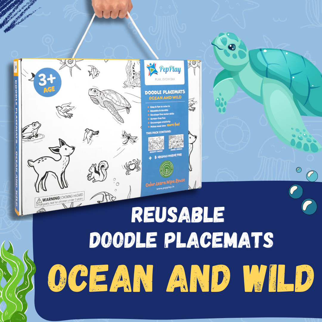 Reusable Doodle Placemats Ocean and Wild overview – colour, learn, wipe and reuse activity mats – PepPlay India