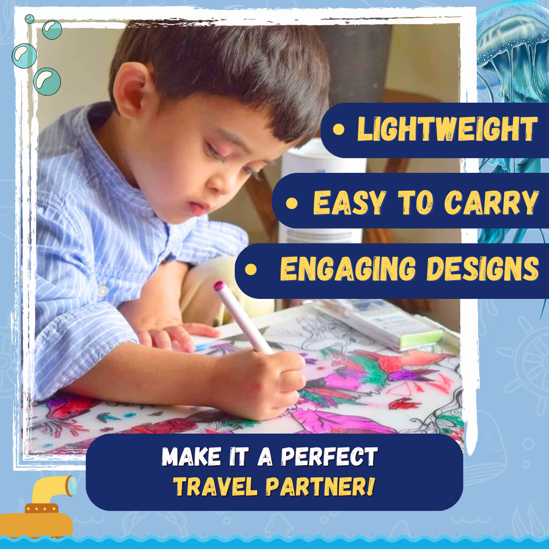 Child colouring a doodle placemat – lightweight, easy-to-carry travel activity for kids – PepPlay India