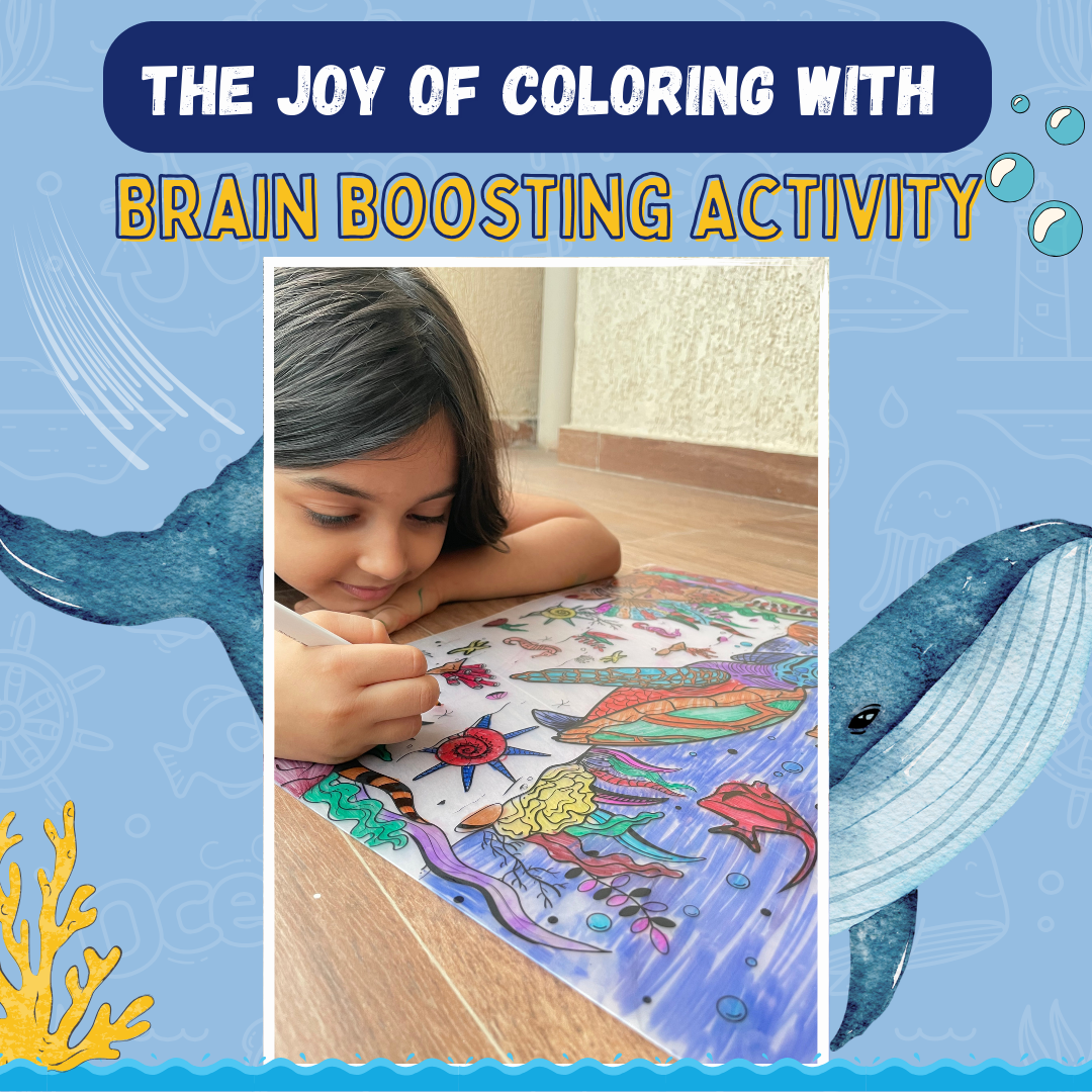 Child colouring an ocean and wild life placemat – brain-boosting screen-free activity – PepPlay India