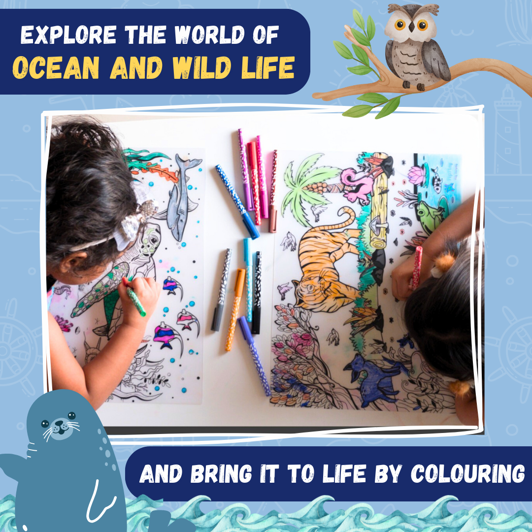 Ocean and wild life doodle placemats with markers – reusable colouring activity that brings animals to life – PepPlay India