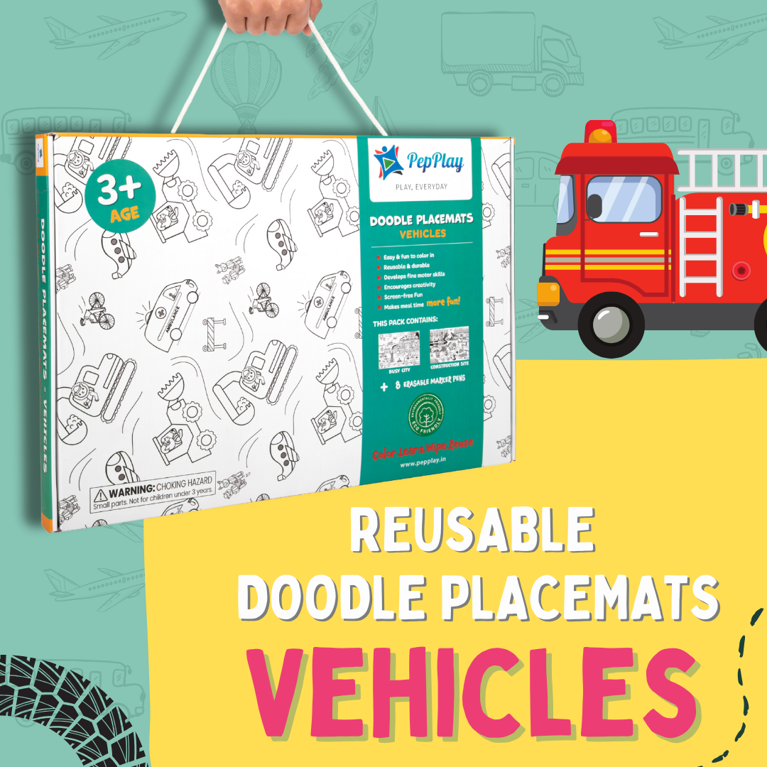Reusable Doodle Placemats Vehicles overview – colour, learn, wipe and reuse activity mats – PepPlay India