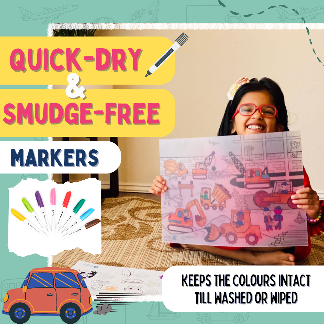 Child showing quick dry and smudge-free markers – colours stay intact till wiped – PepPlay 
