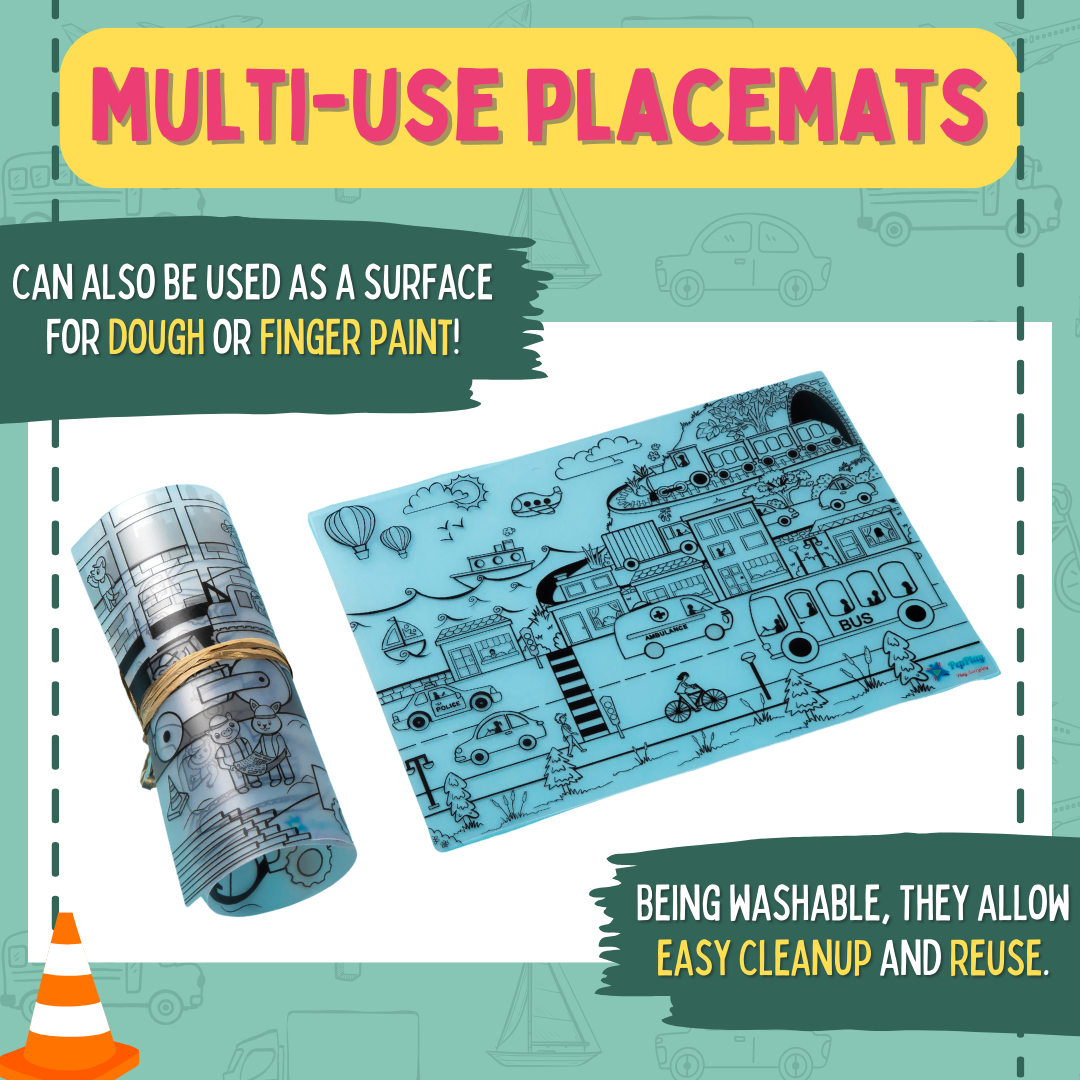 Multiuse vehicles doodle placemat – reusable surface for dough, messy play and creative art – PepPlay India