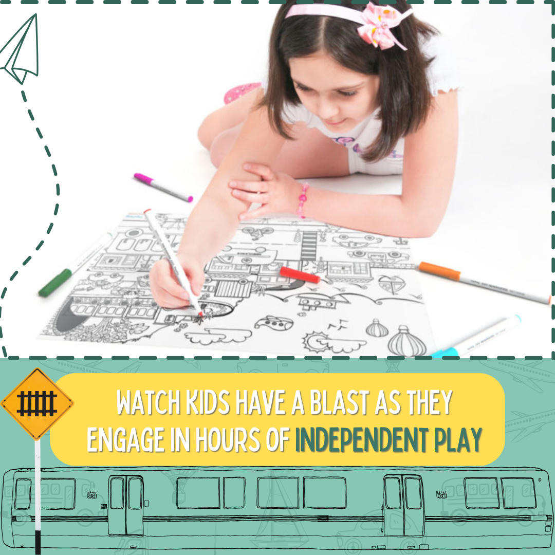Child colouring a vehicles doodle placemat – independent play activity that keeps kids engaged – PepPlay India