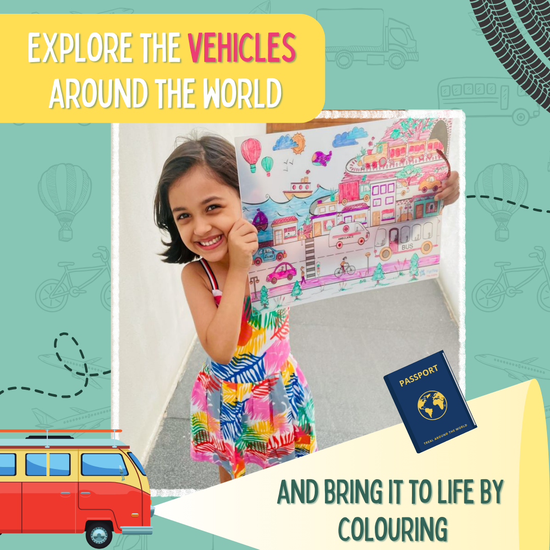 Child holding vehicles doodle placemat – brings vehicles around the world to life by colouring – PepPlay India