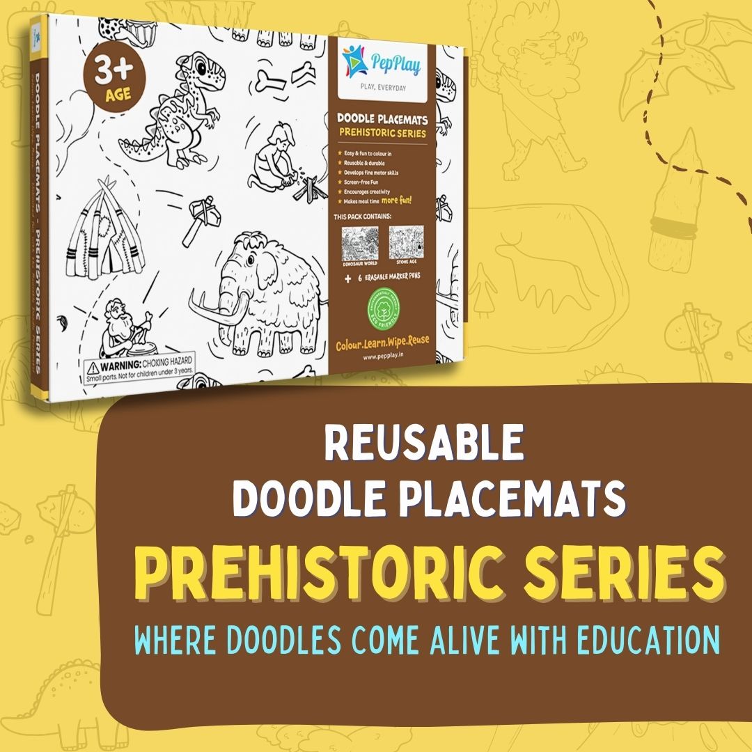 PepPlay Doodle Placemats - Prehistoric Series | Reusable Colour & Learn Fun | 3+ Years