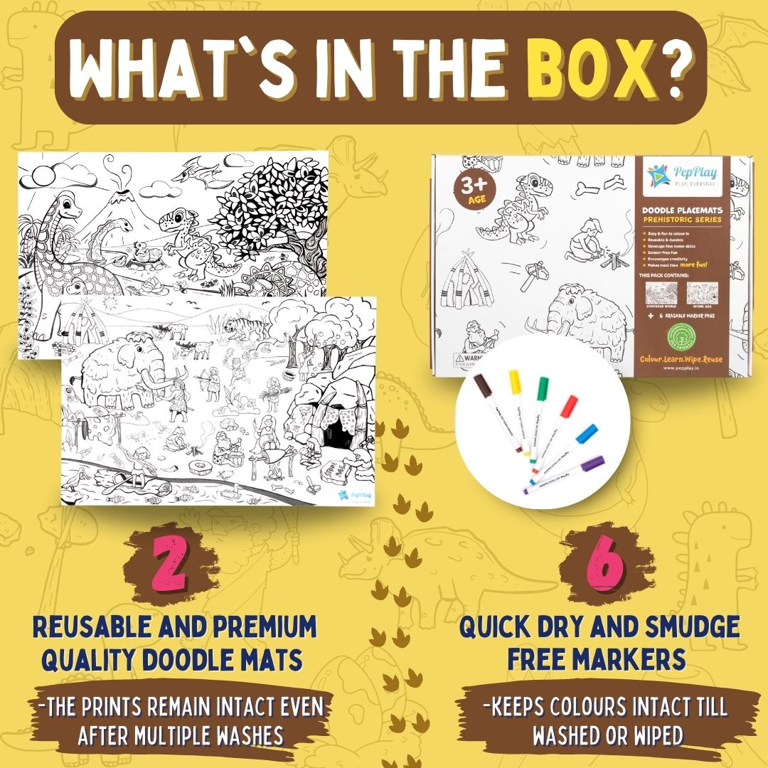 PepPlay Doodle Placemats - Prehistoric Series | Reusable Colour & Learn Fun | 3+ Years