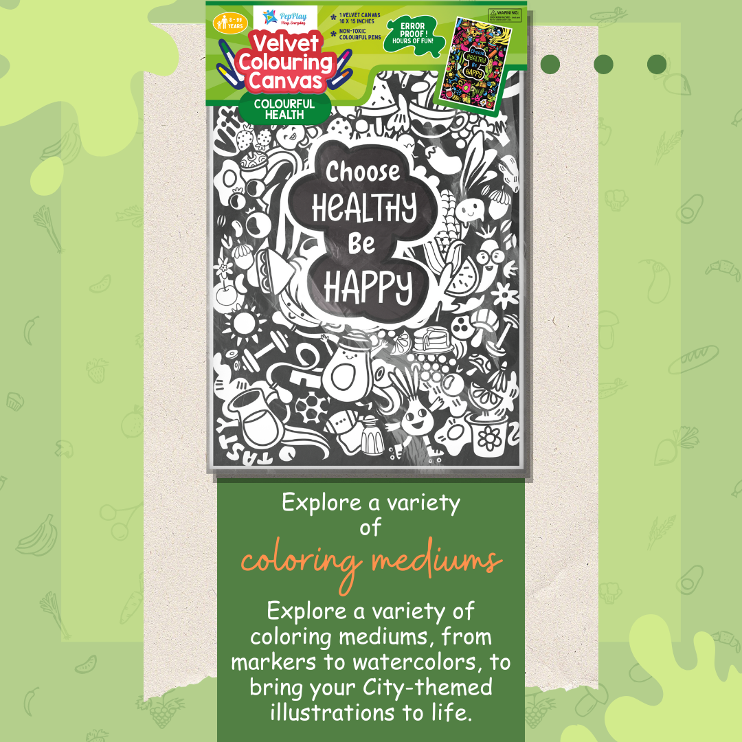 Colourful Health velvet canvas with food illustrations – mindful colouring activity that introduces healthy choices – PepPlay India