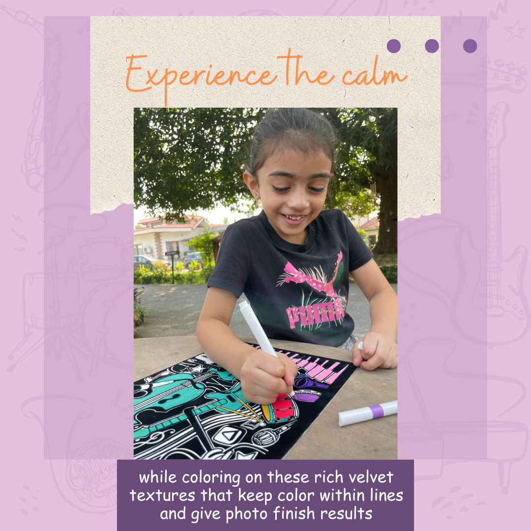 Child colouring a velvet canvas – calming screen-free activity with raised velvet outlines – PepPlay India