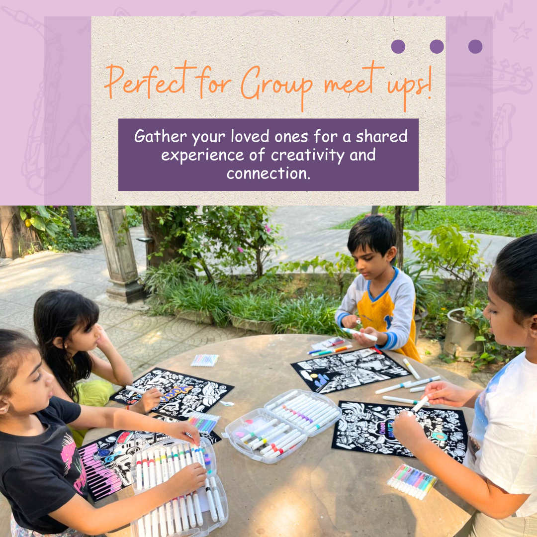 Children colouring velvet canvases together – perfect group activity for shared creative expression – PepPlay India