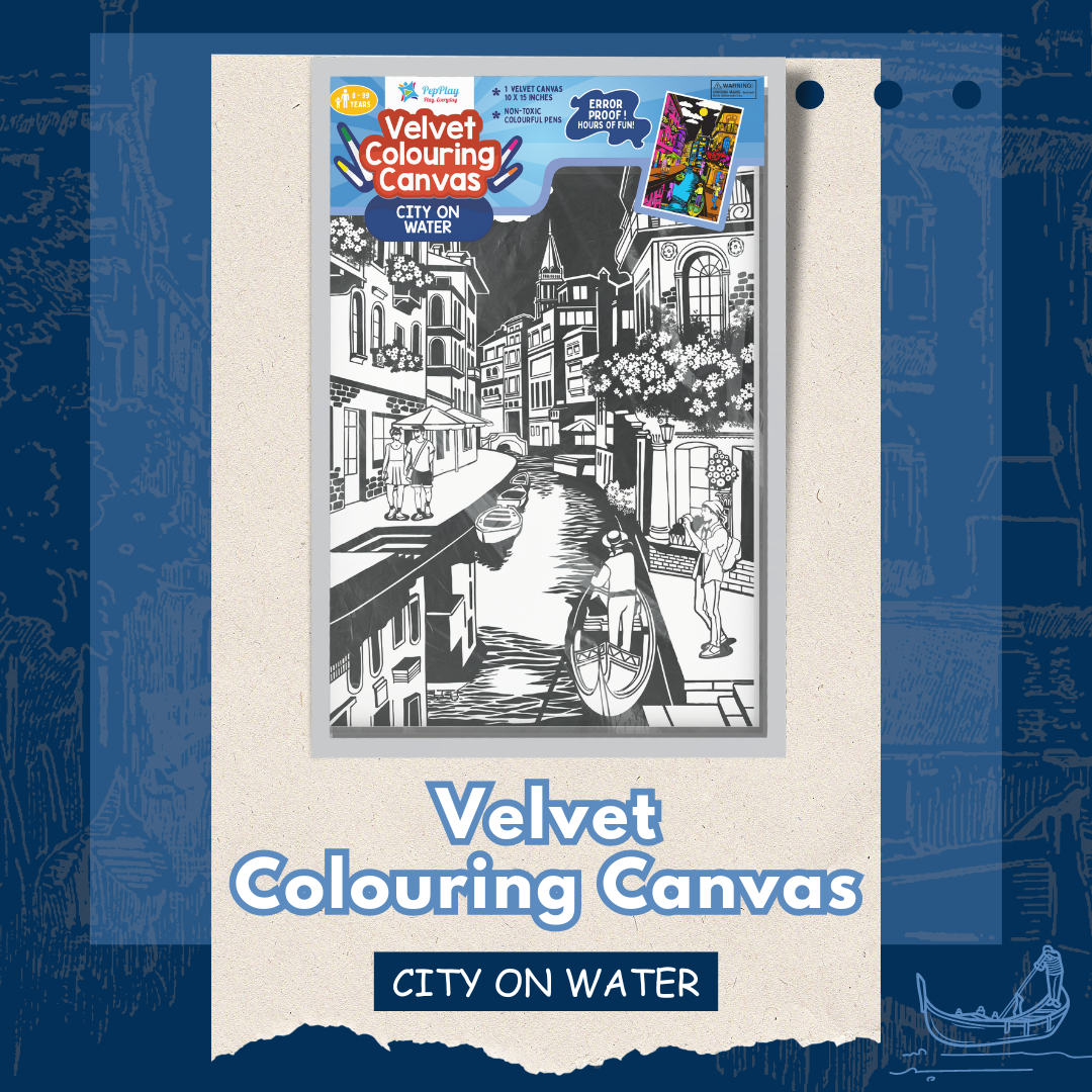 Velvet Colouring Canvas City on Water kit overview – ready-to-colour art canvas with travel-inspired scenery – PepPlay India