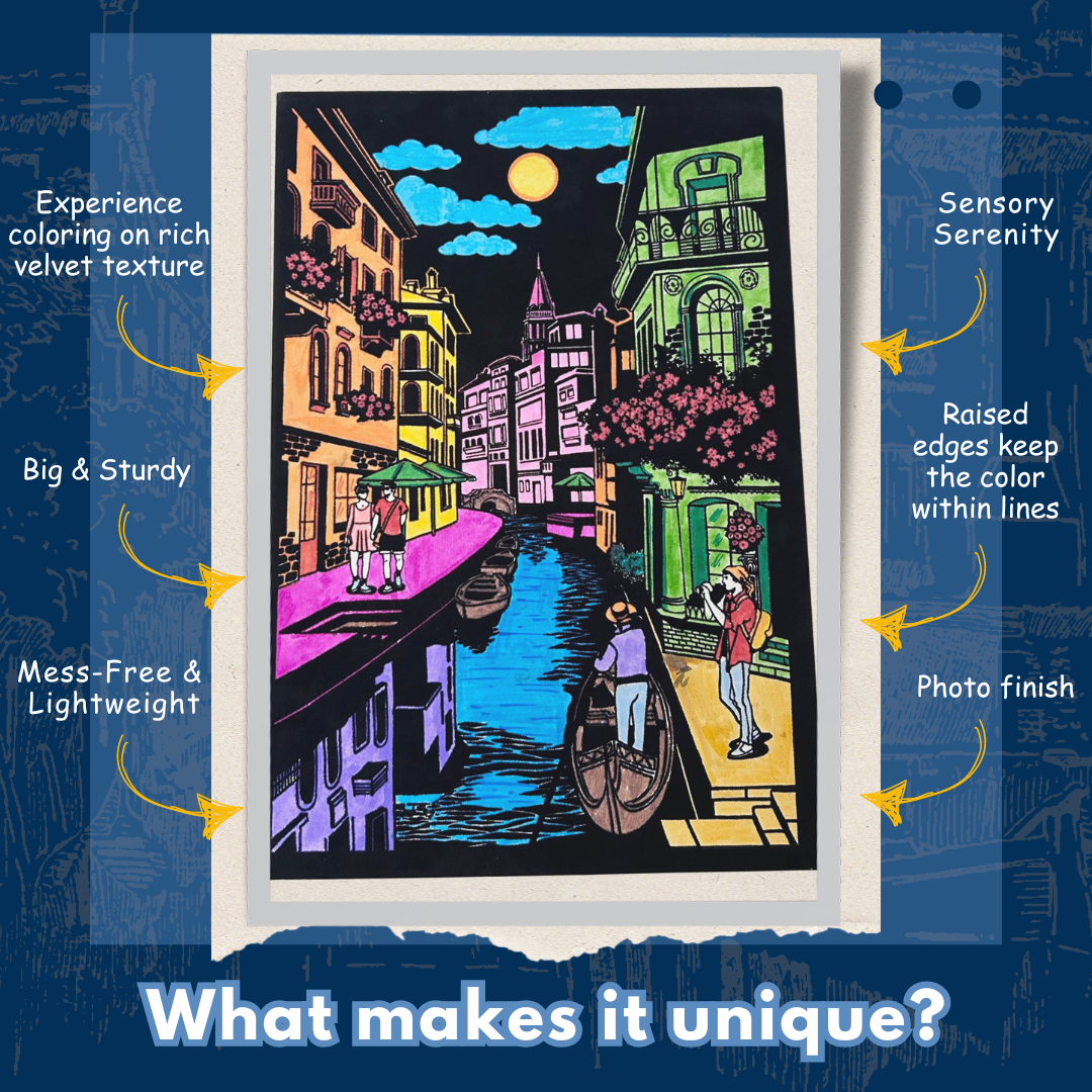 Coloured City on Water velvet canvas – vibrant canal city artwork with raised edges and premium finish – PepPlay India