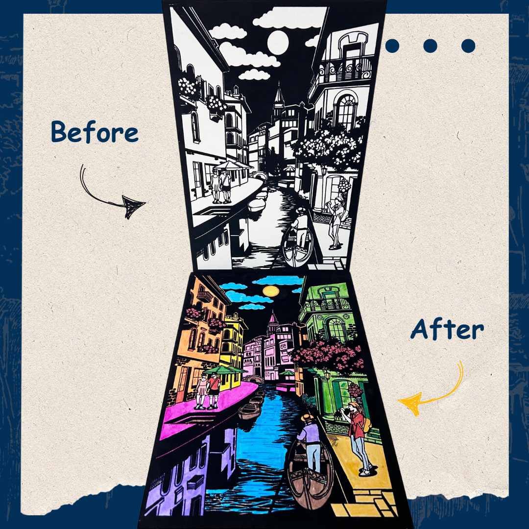 Before and after city velvet canvas – plain artwork transformed into colourful decor – PepPlay India