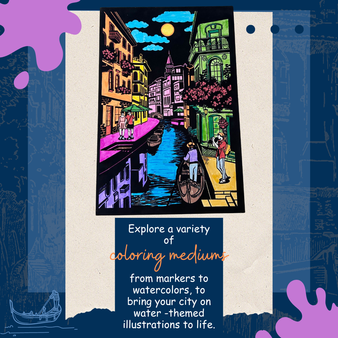 City on Water velvet canvas close-up – mindful colouring activity with scenic architecture and waterway details – PepPlay India
