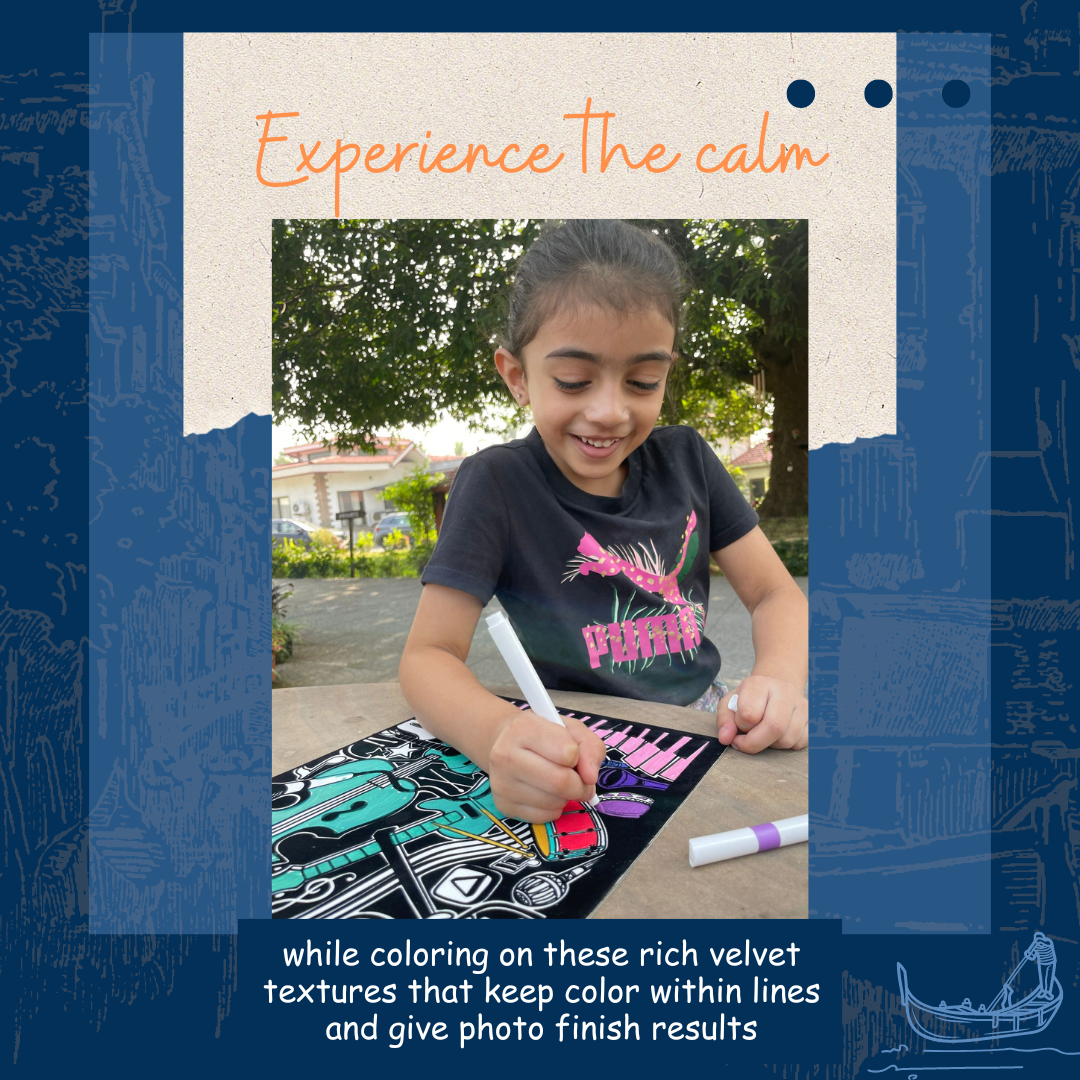 Child colouring a velvet canvas – calming screen-free activity with raised velvet outlines – PepPlay India