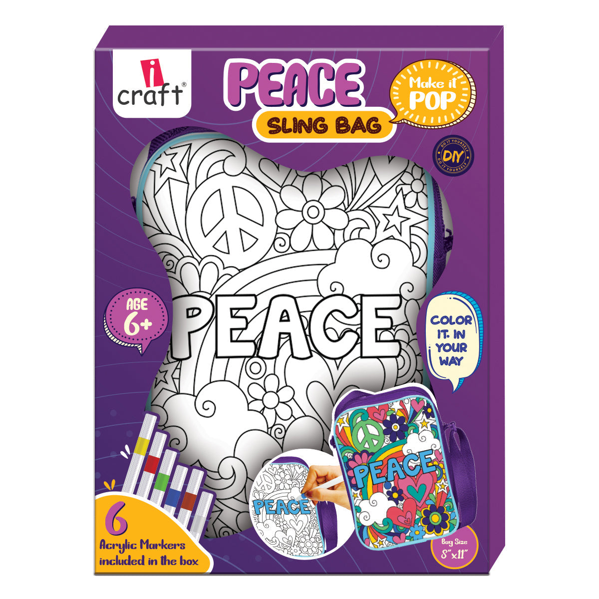 iCraft PEACE Sling Bag DIY Kit - Color Your Own Bag for Kids iCraft