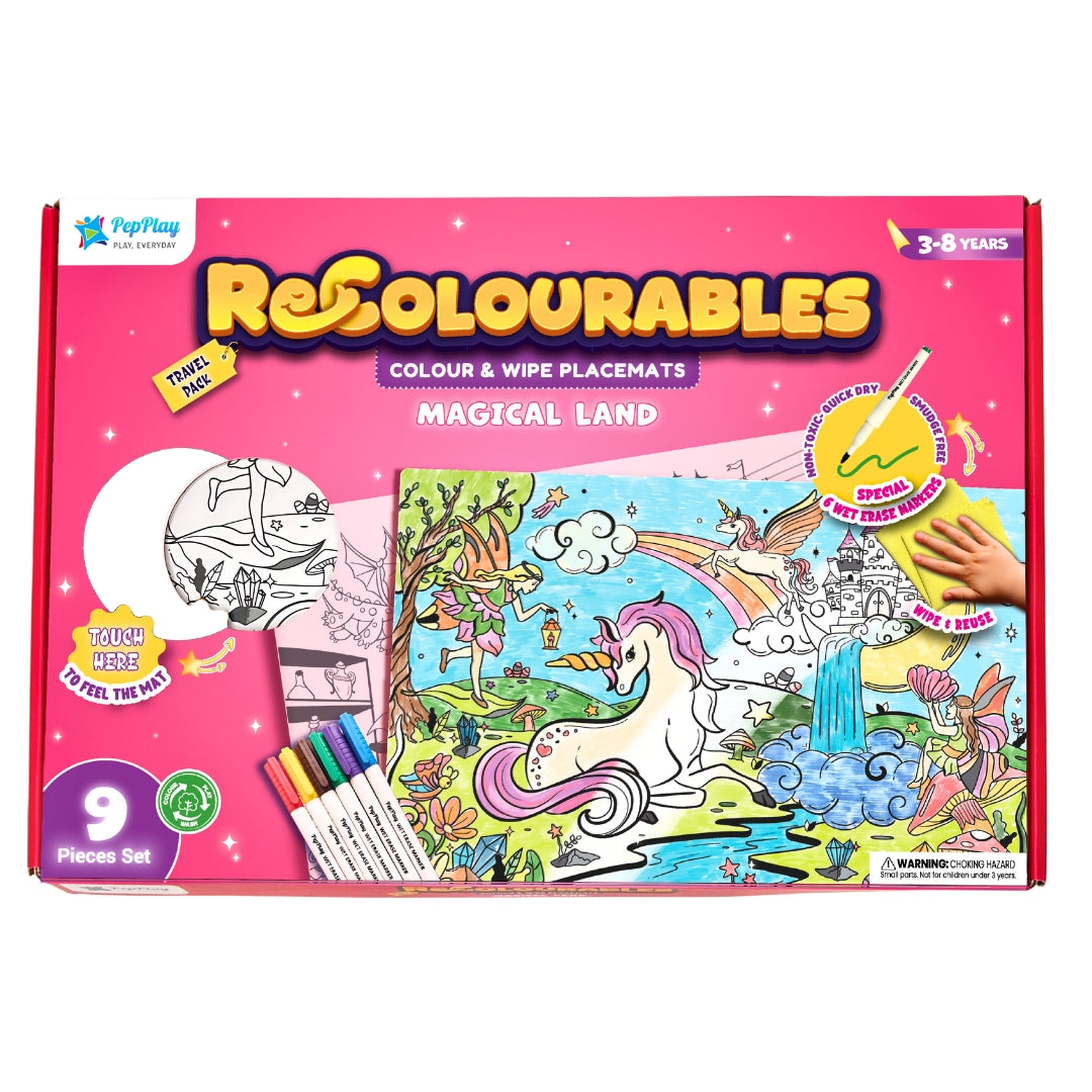 Magical Land – product box front view with coloured magical land placemat – reusable wet-erase colouring kit – PepPlay India