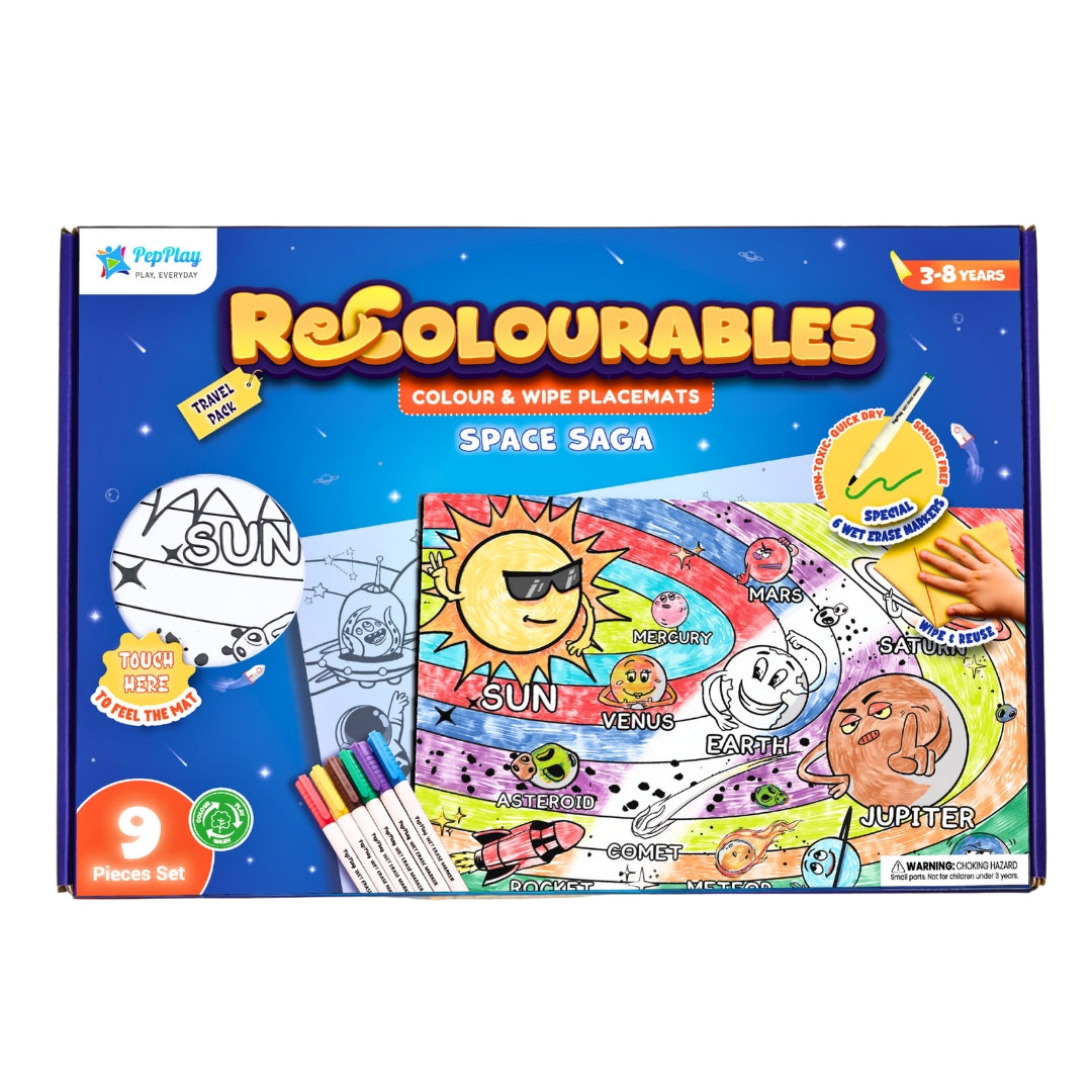 Recolourables Space Saga colour and wipe placemat box – reusable travel doodle mats with wet erase markers – PepPlay India