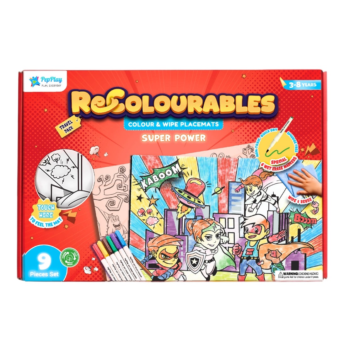 Recolourables Super Power colour and wipe placemat box – reusable travel doodle mats with wet erase markers – PepPlay India