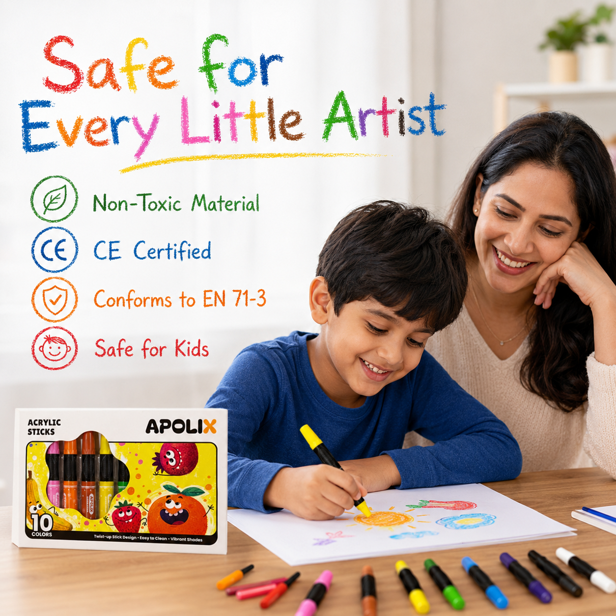 A woman and a young boy are smiling while the boy draws with a yellow marker on a white sheet of paper at a wooden table. The image features marketing text on the left and a box of APOLIX acrylic sticks markers in the bottom-left corner, with several colored markers arranged on the table in the foreground.