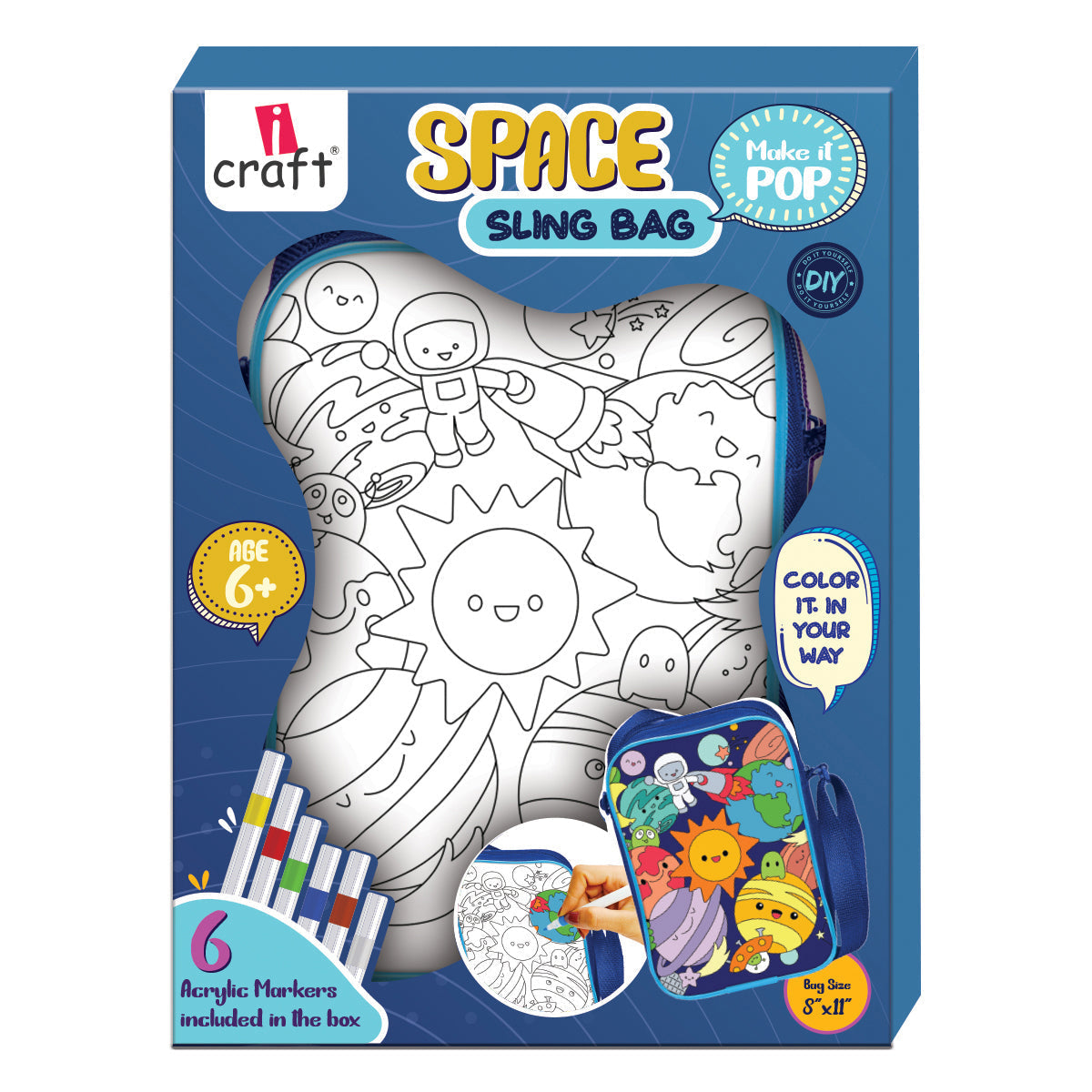 iCraft SPACE Sling Bag DIY Kit for Kids - Paint & Carry iCraft