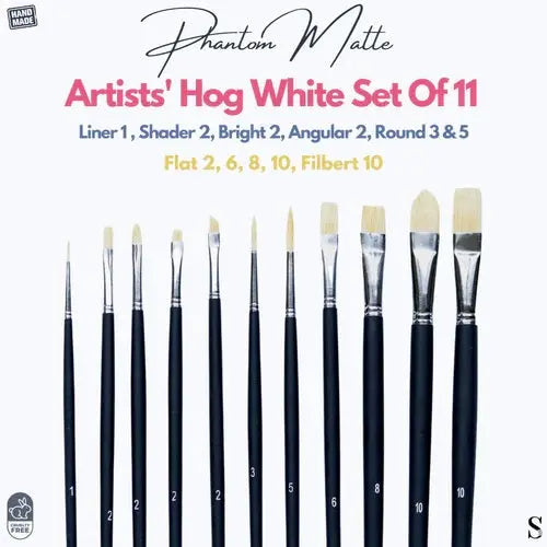 Stationerie Artists’ Mix Hog White Brush Set Of 11, Long Handle 11” Matte Stationerie