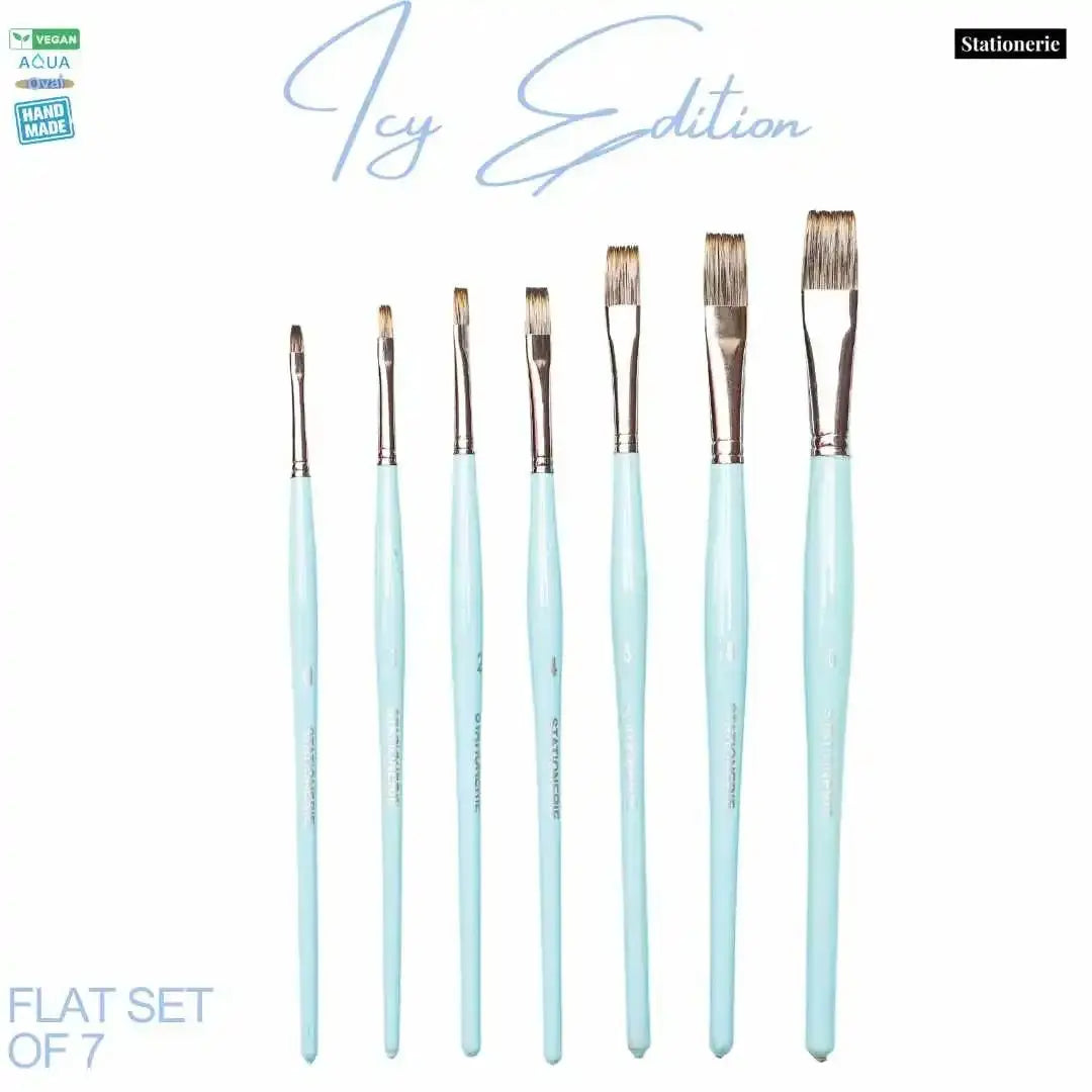 Stationerie Flat Brush Set 7 (2ND Gen Aquasync Vegan Bristle, Oval Handles) Icy Blue Edition Stationerie