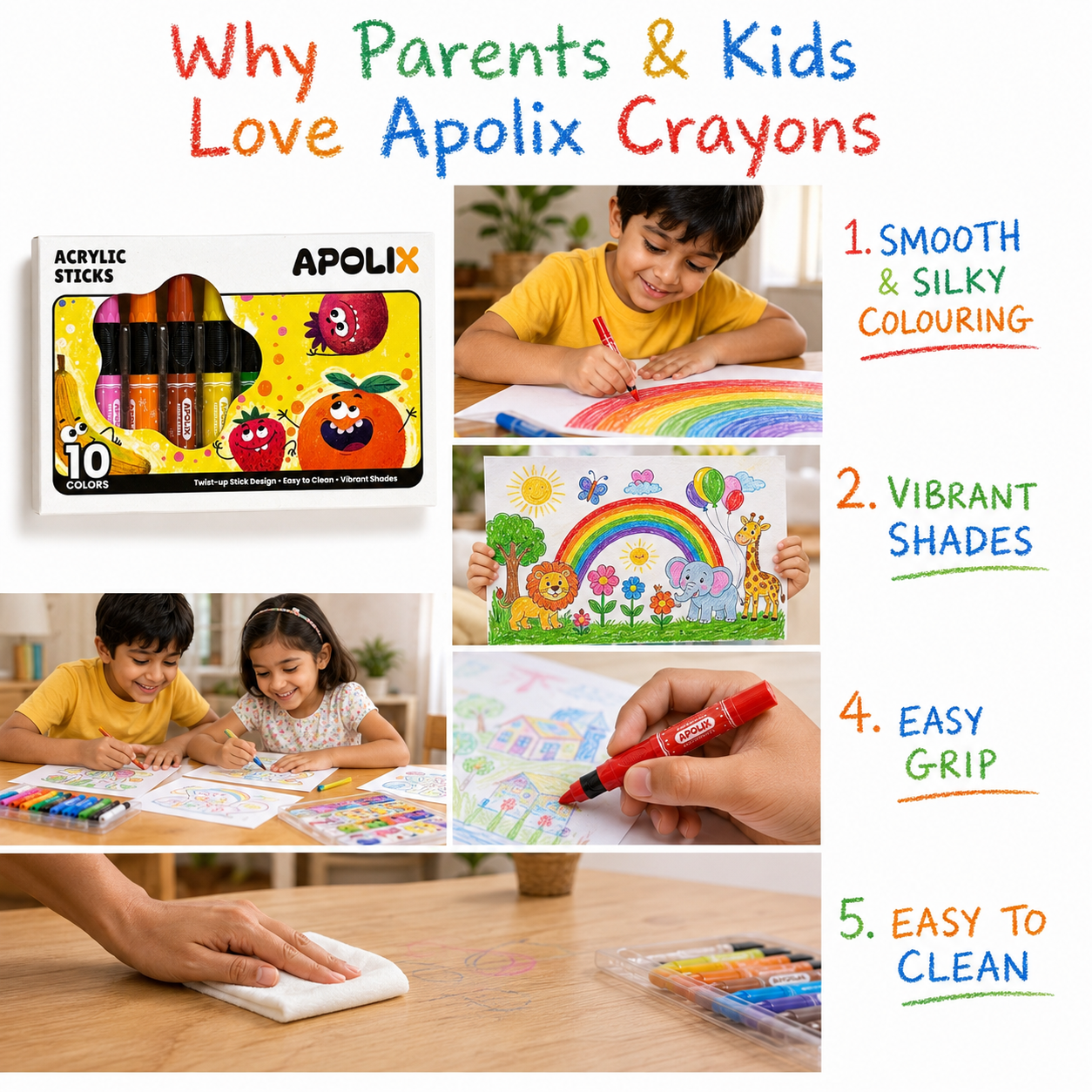 A promotional collage for Apolix crayons showing the product box, children drawing with colored pencils, a hand holding a red crayon, and text callouts about smooth silky coloring, vibrant shades, easy grip, and easy to clean.