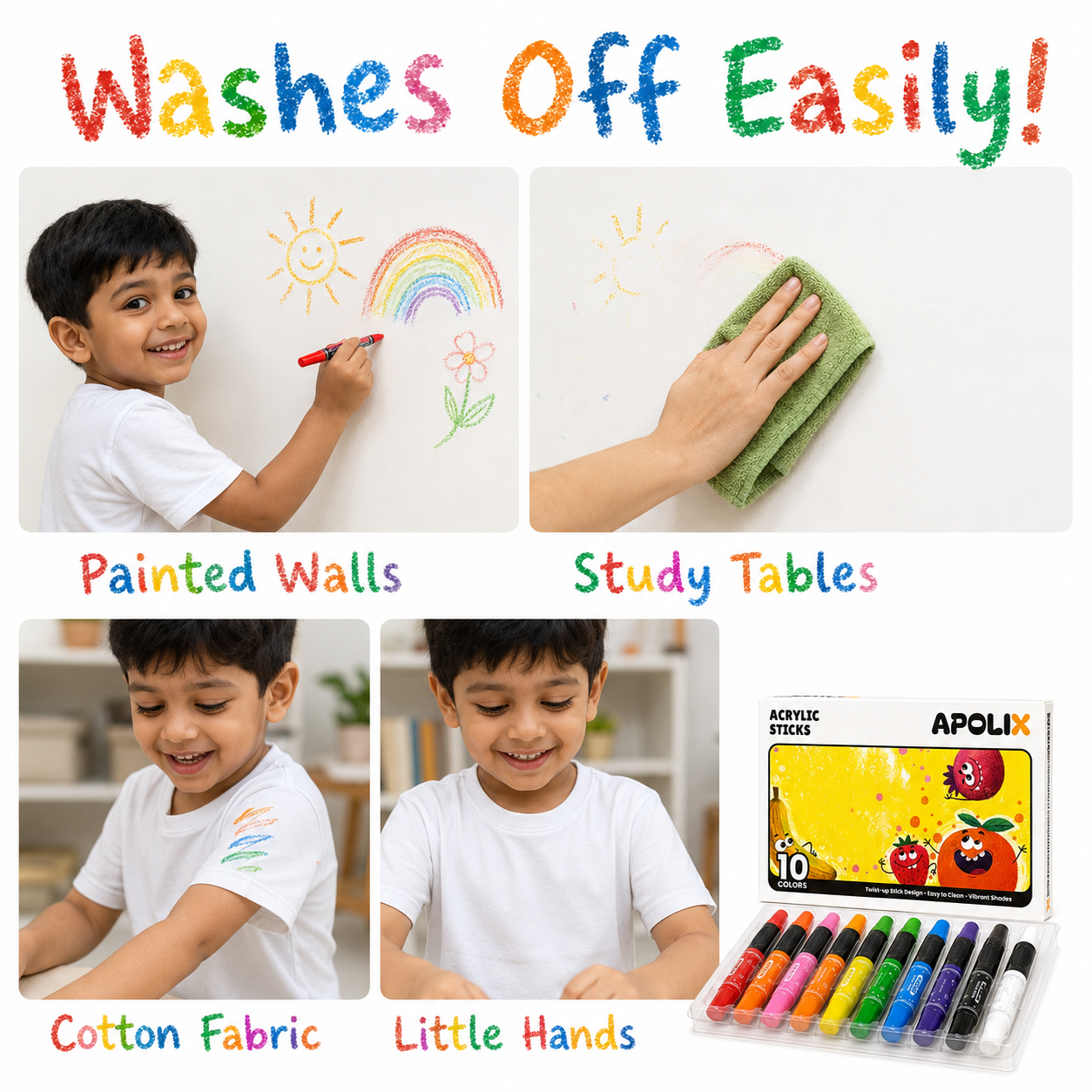 A collage showing children and a hand using a green cloth to wipe colorful paint off white surfaces, with the text 'Washes Off Easily!' and labels including 'Painted Walls,' 'Study Tables,' 'Cotton Fabric,' and 'Little Hands.' An Apolix acrylic sticker set box and 10 marker sticks are shown in the lower right.