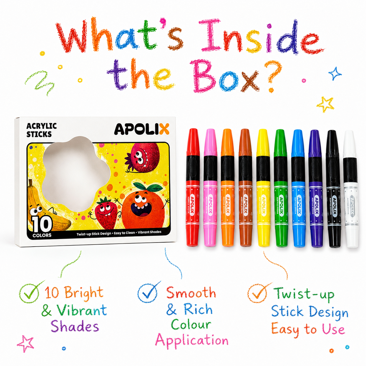 APOLIX 10-color acrylic stick set shown with its illustrated box on a white background, plus marketing text and checkmarks highlighting bright shades, smooth rich color application, and twist-up stick design.