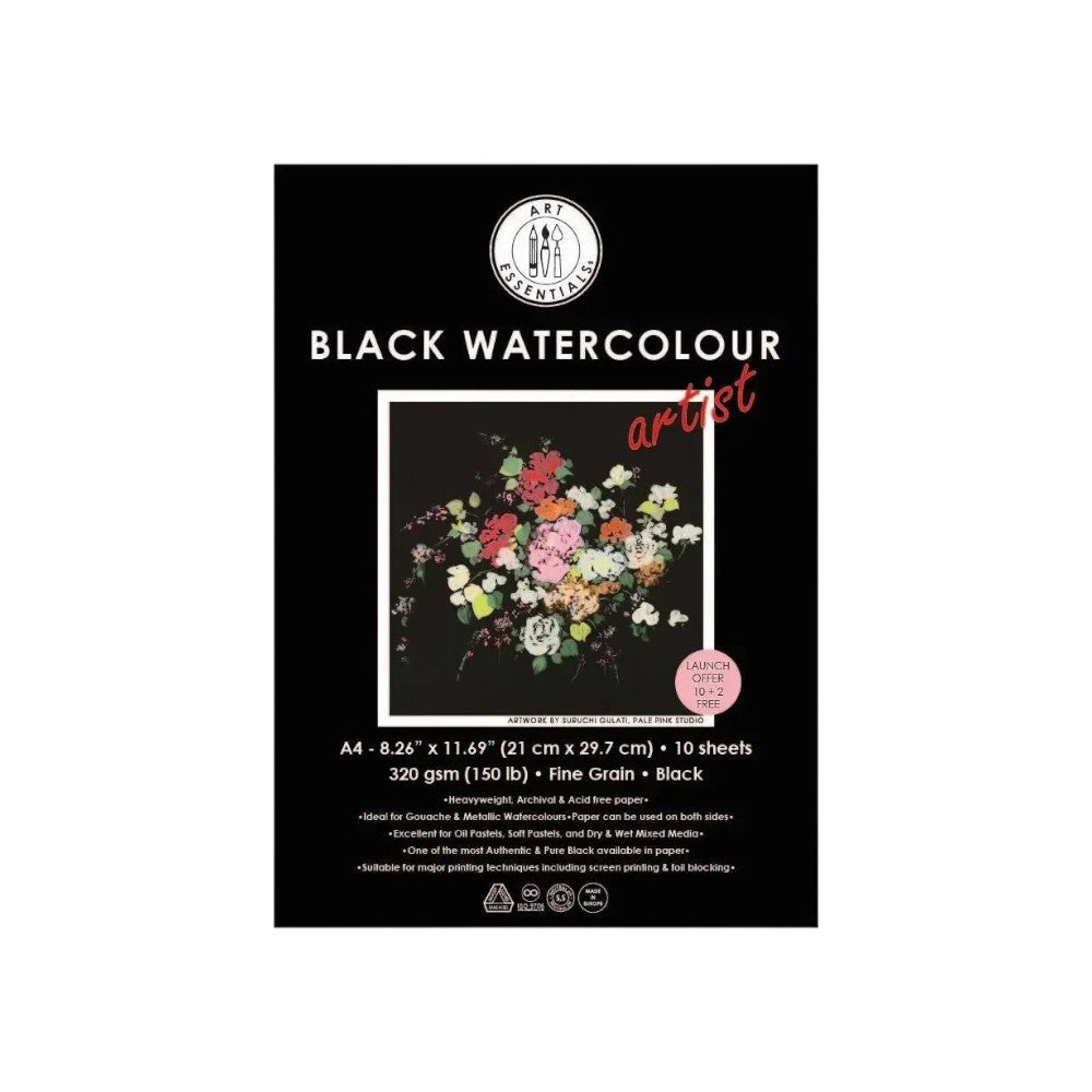 Art Essentials Black Watercolour Artist Paper Fine Grain 320GSM -Poly Pack Art Essentials