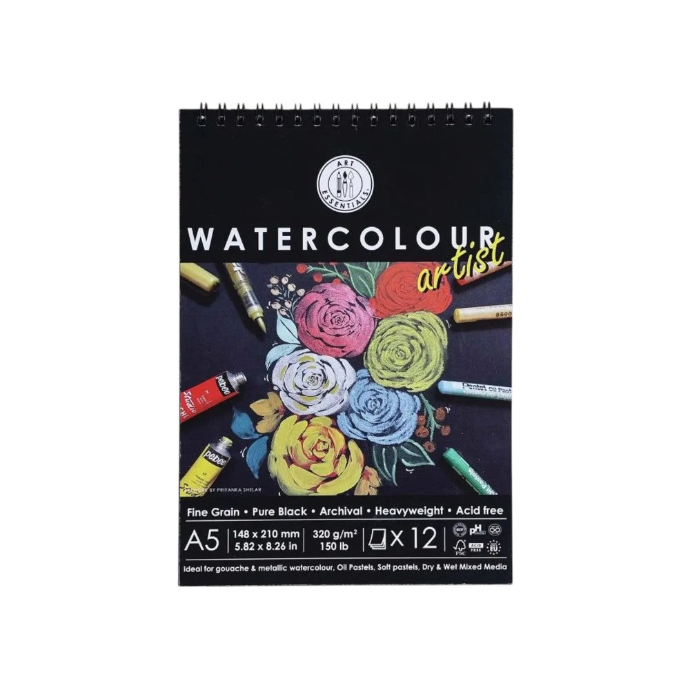 Art Essentials Black Watercolour Artist Paper Fine Grain 320GSM,12 SHT -Spiral Pad Art Essentials