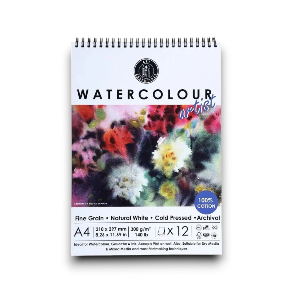 Art Essentials Artists Watercolour Paper Cold Pressed,12 SH,300GSM,100%Cotton -Spiral Pad Art Essentials