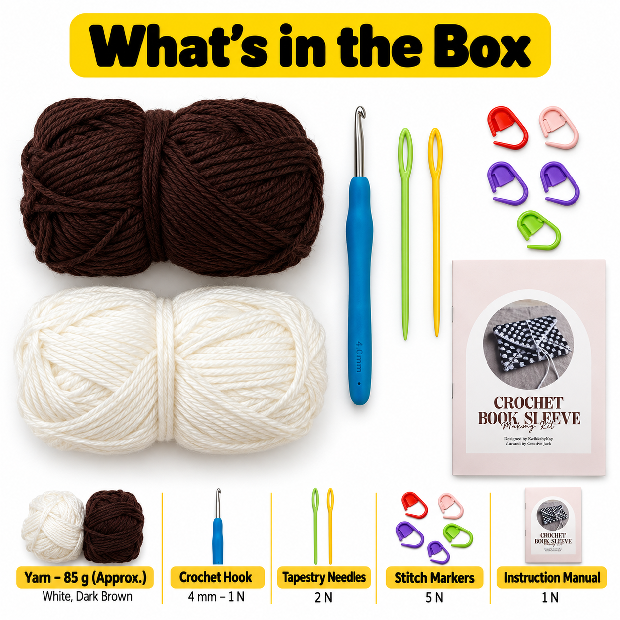 Crochet Book Sleeve Making Kit | Crochet Making Kit Age 8+ - booksleeve crochet making kit content