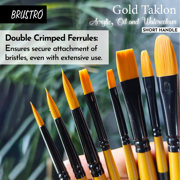 Brustro Artists Gold Taklon Brushes For Acrylics, Oil And Watercolour Set Of 8 - Short Handle