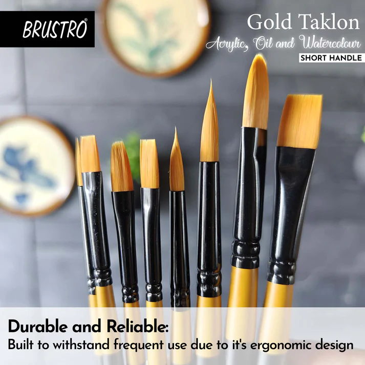 Brustro Artists Gold Taklon Brushes For Acrylics, Oil And Watercolour Set Of 8 - Short Handle