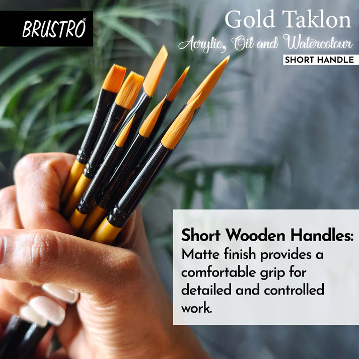 Brustro Artists Gold Taklon Brushes For Acrylics, Oil And Watercolour Set Of 8 - Short Handle