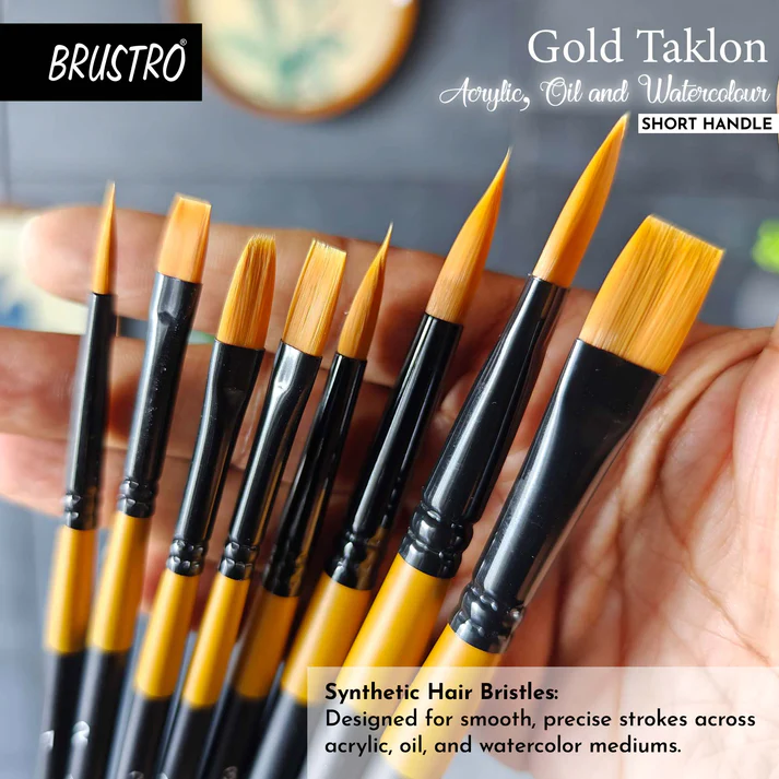Brustro Artists Gold Taklon Brushes For Acrylics, Oil And Watercolour Set Of 8 - Short Handle