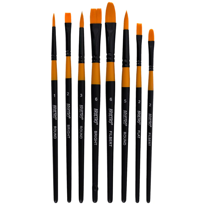 Brustro Artists Gold Taklon Brushes For Acrylics, Oil And Watercolour Set Of 8 - Short Handle