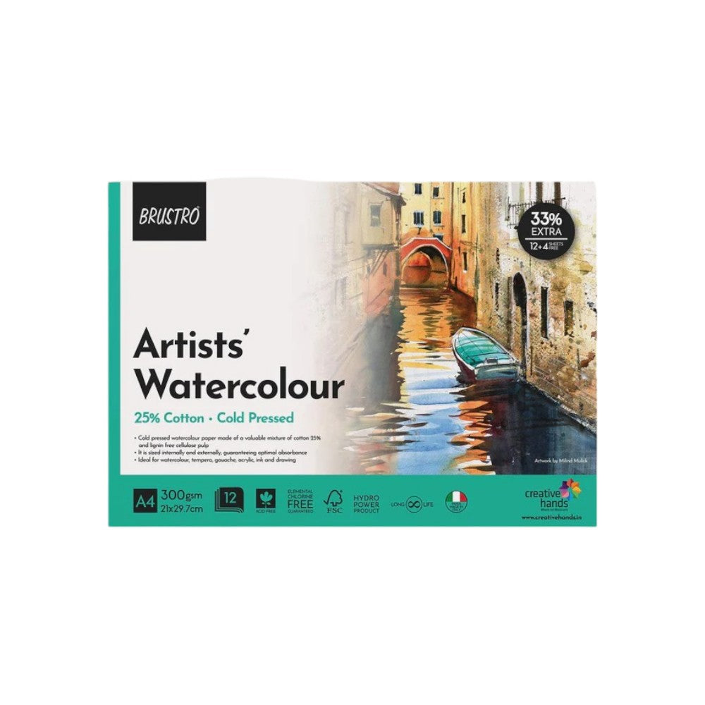 BRUSTRO Artist Watercolour Pad 25% Cotton Cold Pressed 300 GSM A4 Brustro