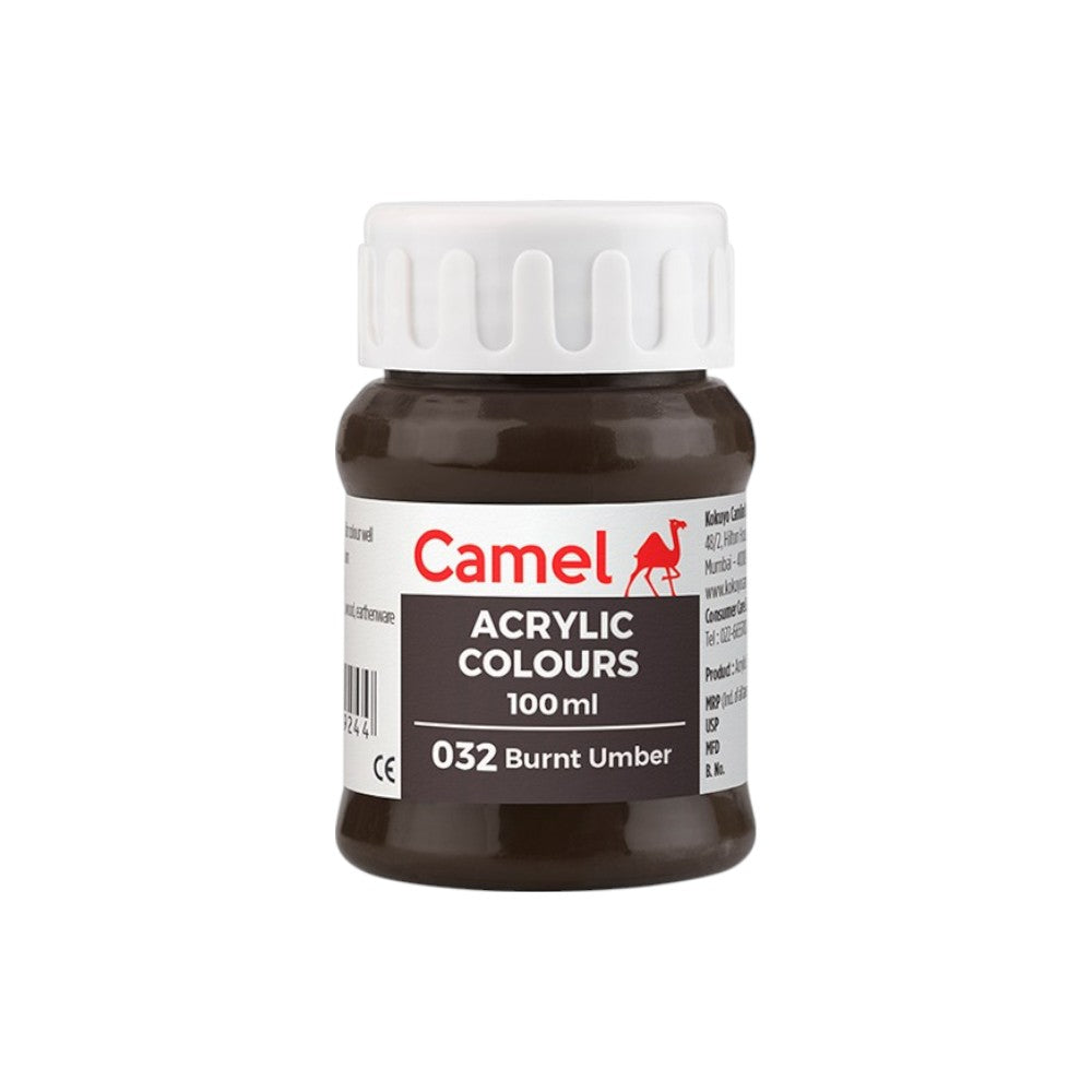 Camel acrylic paint bottle labeled '032 Burnt Umber' on a white background