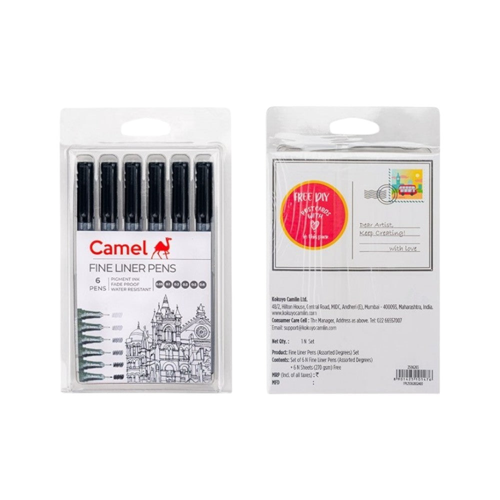 Camel Fineliner Pens - Set of 6 + Free A6 Postcards - Archival Ink