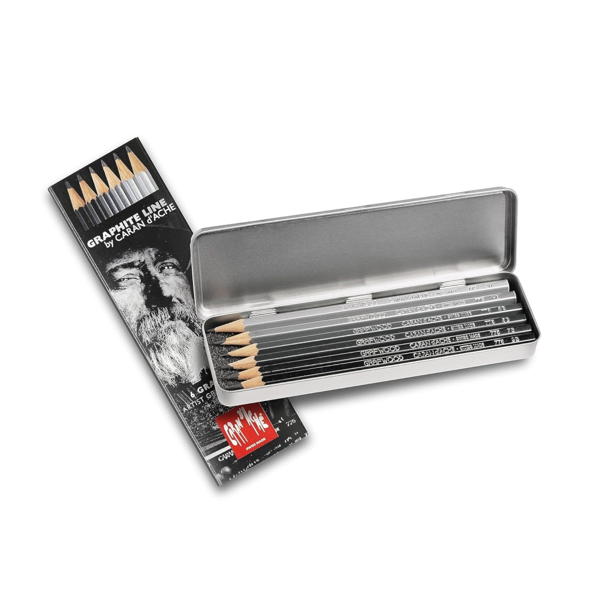 Caran D'Ache Grafwood Extra-fine 6 Graphite Pencils 9B to 2H in Metal Tin
