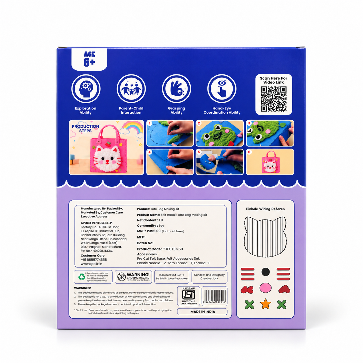 DIY Felt Tote Bag Making Kit for Kids - cat tote bag making kit back