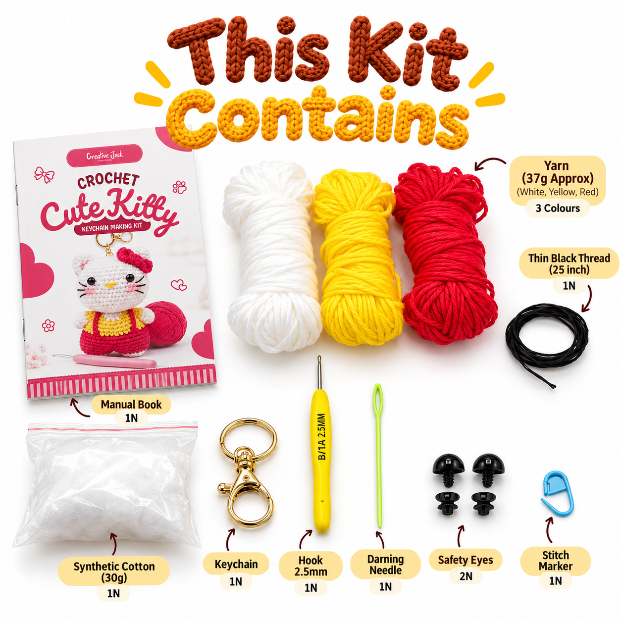 Crochet Keychain Making Kit - cute kitty crochet keychain kit contents