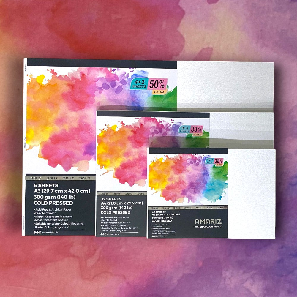 Flatlay of Doms Amariz 300gsm Watercolour Paper Sheets in A3, A4, A5 Sizes