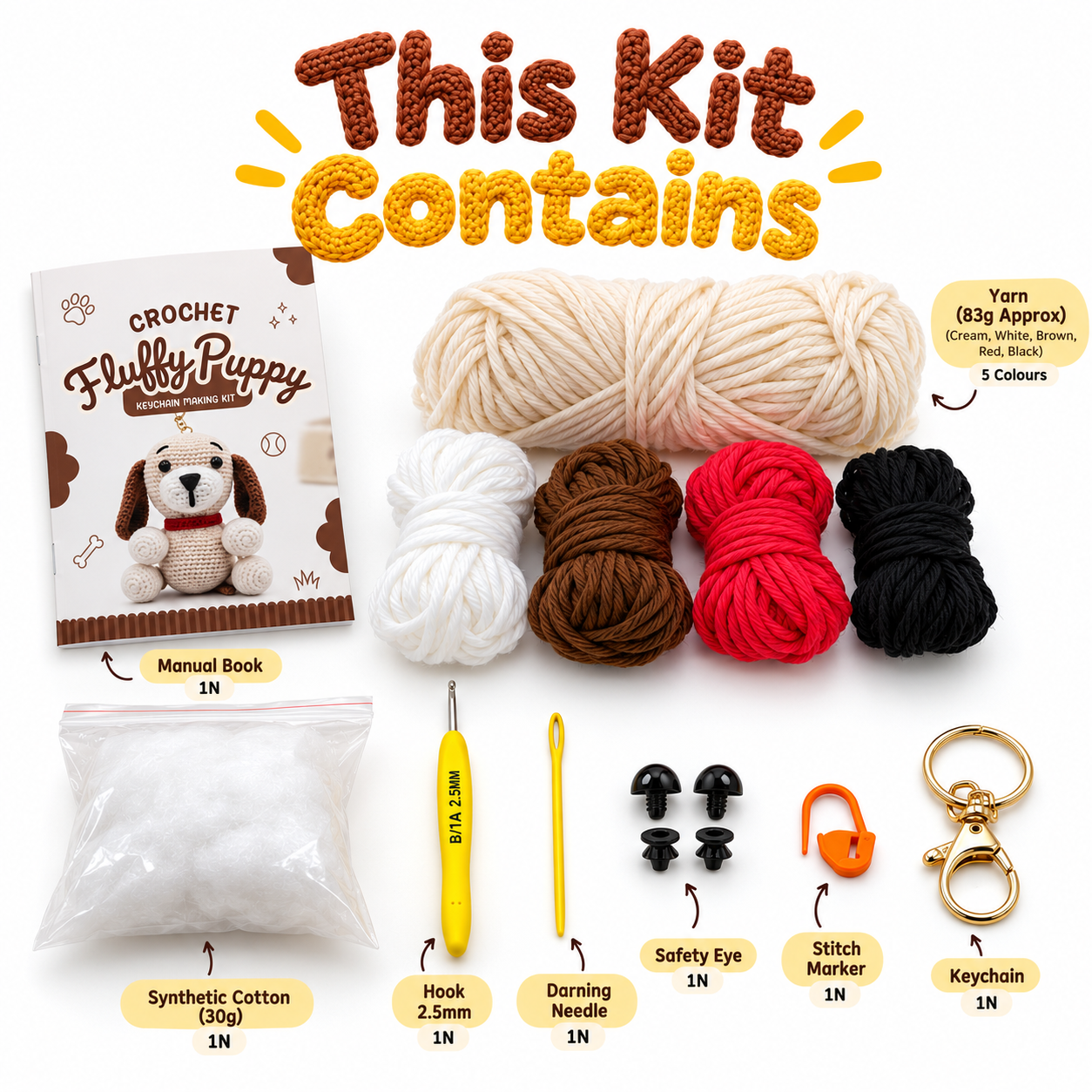Crochet Keychain Making Kit - fluffy puppy crochet keychain kit contents
